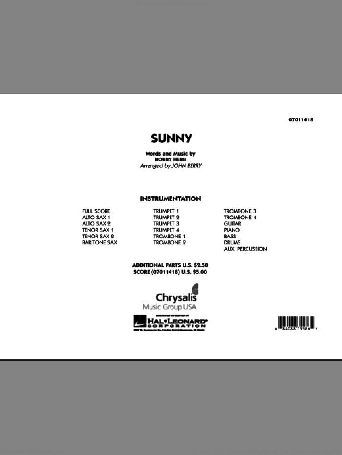 Sunny (COMPLETE) sheet music for jazz band by Bobby Hebb and John Berry, intermediate skill level