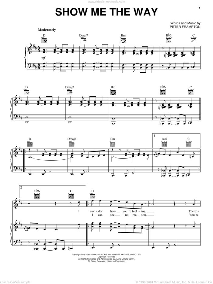 Show Me The Way sheet music for voice, piano or guitar by Peter Frampton, intermediate skill level