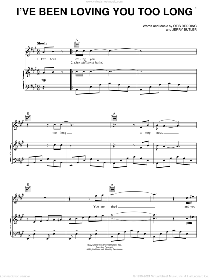 I've Been Loving You Too Long sheet music for voice, piano or guitar by Otis Redding and Jerry Butler, intermediate skill level