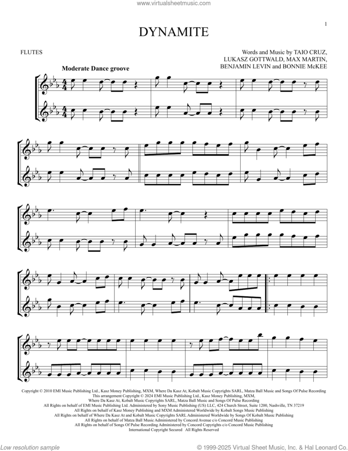 Dynamite sheet music for two flutes (duets) by Taio Cruz, Benjamin Levin, Bonnie McKee, Lukasz Gottwald and Max Martin, intermediate skill level