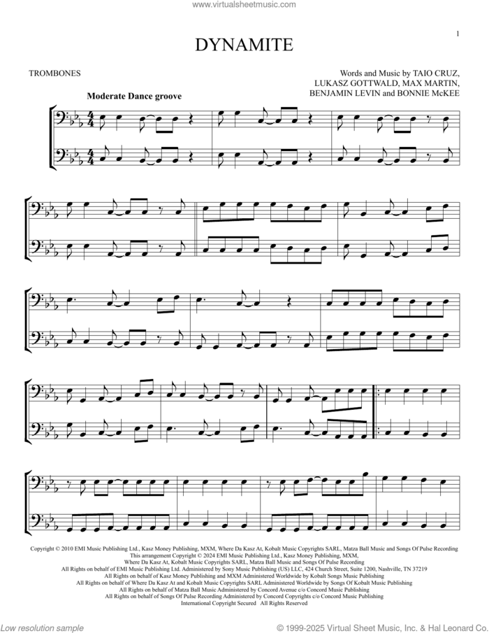 Dynamite sheet music for two trombones (duet, duets) by Taio Cruz, Benjamin Levin, Bonnie McKee, Lukasz Gottwald and Max Martin, intermediate skill level