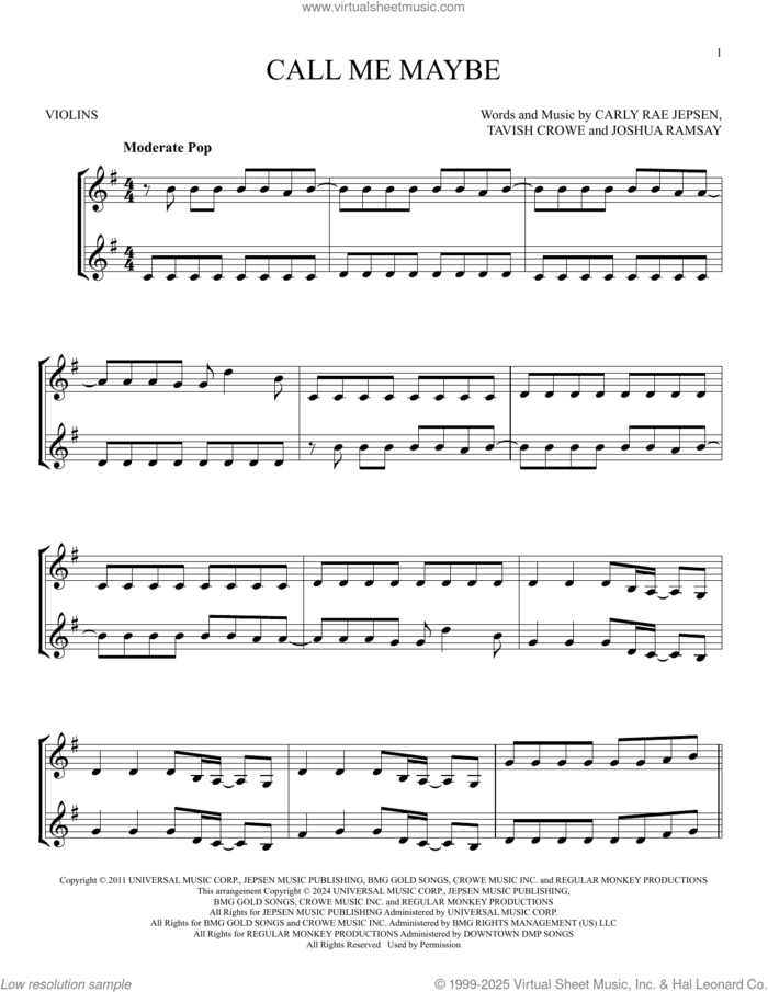 Call Me Maybe sheet music for two violins (duets, violin duets) by Carly Rae Jepsen, Joshua Ramsay and Tavish Crowe, intermediate skill level