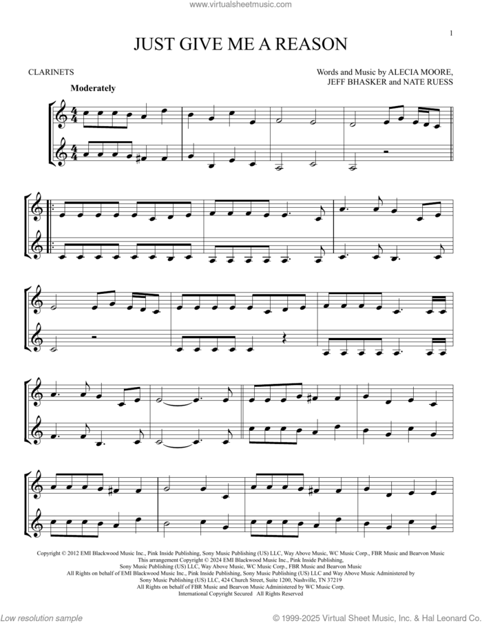 Just Give Me A Reason (feat. Nate Ruess) sheet music for two clarinets (duets) by P!nk, Alecia Moore, Jeff Bhasker and Nate Ruess, intermediate skill level