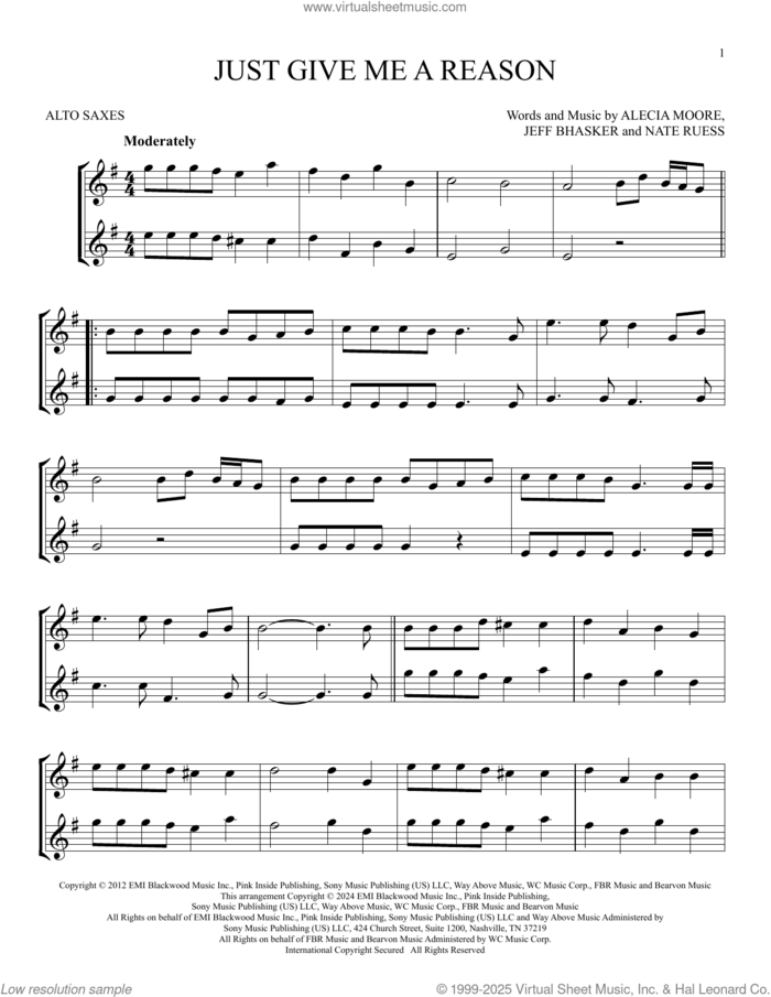 Just Give Me A Reason (feat. Nate Ruess) sheet music for two alto saxophones (duets) by P!nk, Alecia Moore, Jeff Bhasker and Nate Ruess, intermediate skill level