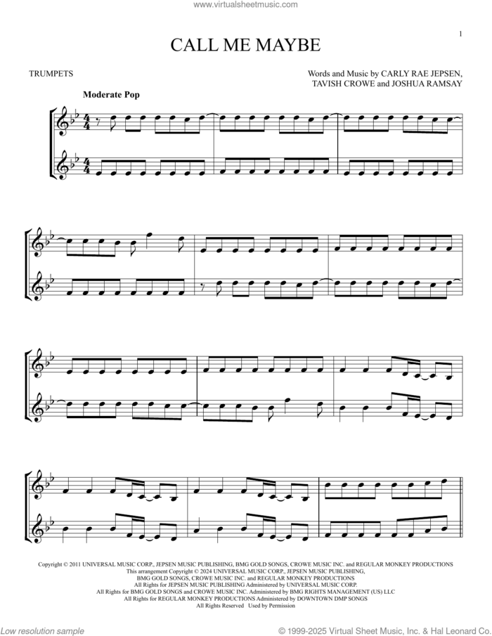 Call Me Maybe sheet music for two trumpets (duet, duets) by Carly Rae Jepsen, Joshua Ramsay and Tavish Crowe, intermediate skill level