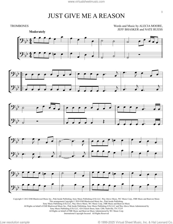 Just Give Me A Reason (feat. Nate Ruess) sheet music for two trombones (duet, duets) by P!nk, Alecia Moore, Jeff Bhasker and Nate Ruess, intermediate skill level