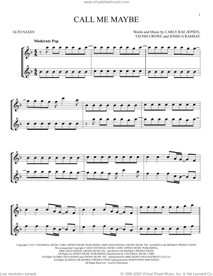 Call Me Maybe sheet music for two alto saxophones (duets) by Carly Rae Jepsen, Joshua Ramsay and Tavish Crowe, intermediate skill level