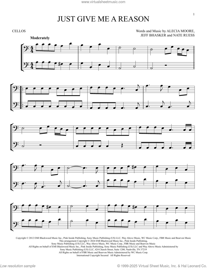 Just Give Me A Reason (feat. Nate Ruess) sheet music for two cellos (duet, duets) by P!nk, Alecia Moore, Jeff Bhasker and Nate Ruess, intermediate skill level