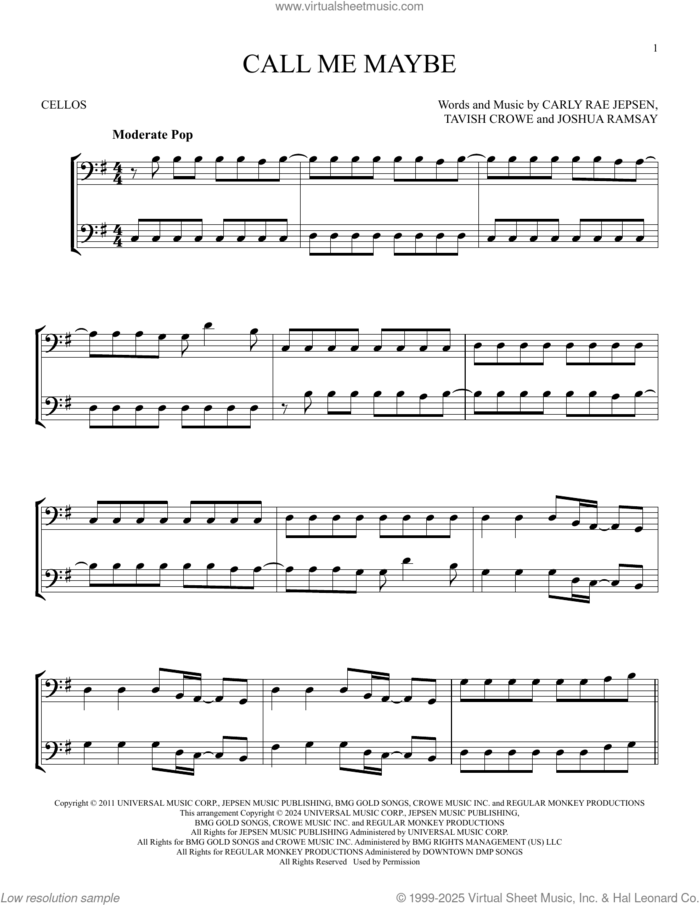 Call Me Maybe sheet music for two cellos (duet, duets) by Carly Rae Jepsen, Joshua Ramsay and Tavish Crowe, intermediate skill level