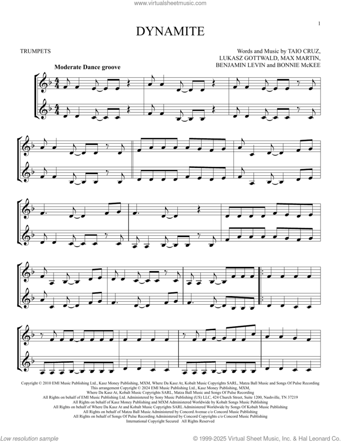 Dynamite sheet music for two trumpets (duet, duets) by Taio Cruz, Benjamin Levin, Bonnie McKee, Lukasz Gottwald and Max Martin, intermediate skill level