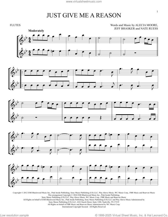 Just Give Me A Reason (feat. Nate Ruess) sheet music for two flutes (duets) by P!nk, Alecia Moore, Jeff Bhasker and Nate Ruess, intermediate skill level