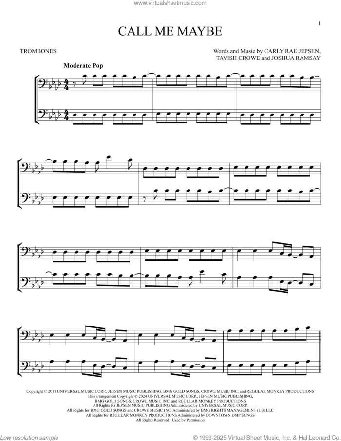 Call Me Maybe sheet music for two trombones (duet, duets) by Carly Rae Jepsen, Joshua Ramsay and Tavish Crowe, intermediate skill level