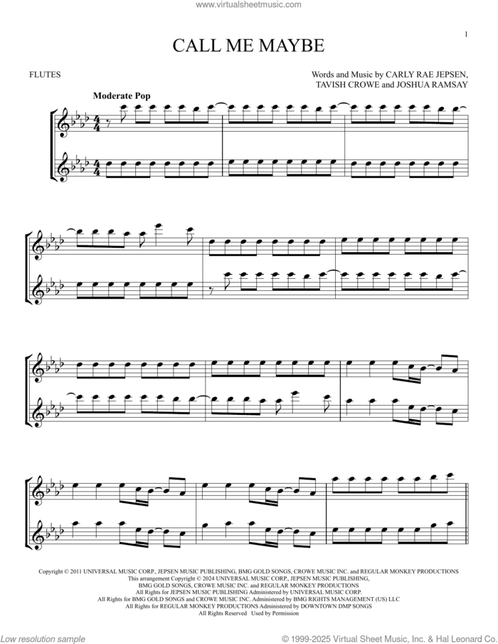 Call Me Maybe sheet music for two flutes (duets) by Carly Rae Jepsen, Joshua Ramsay and Tavish Crowe, intermediate skill level