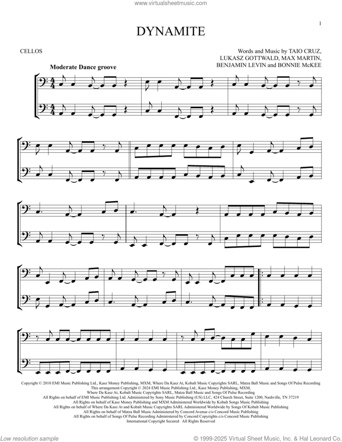 Dynamite sheet music for two cellos (duet, duets) by Taio Cruz, Benjamin Levin, Bonnie McKee, Lukasz Gottwald and Max Martin, intermediate skill level