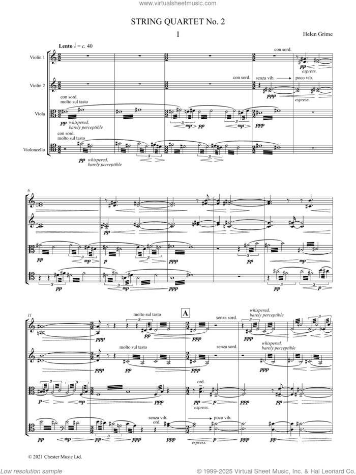 String Quartet No. 2 (Score) sheet music for string quartet (violin, viola, cello, full score) by Helen Grime, classical score, intermediate skill level