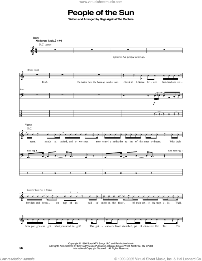 People Of The Sun sheet music for bass (tablature) (bass guitar) by Rage Against The Machine, Brad Wilk, Tim Commerford, Tom Morello and Zack De La Rocha, intermediate skill level