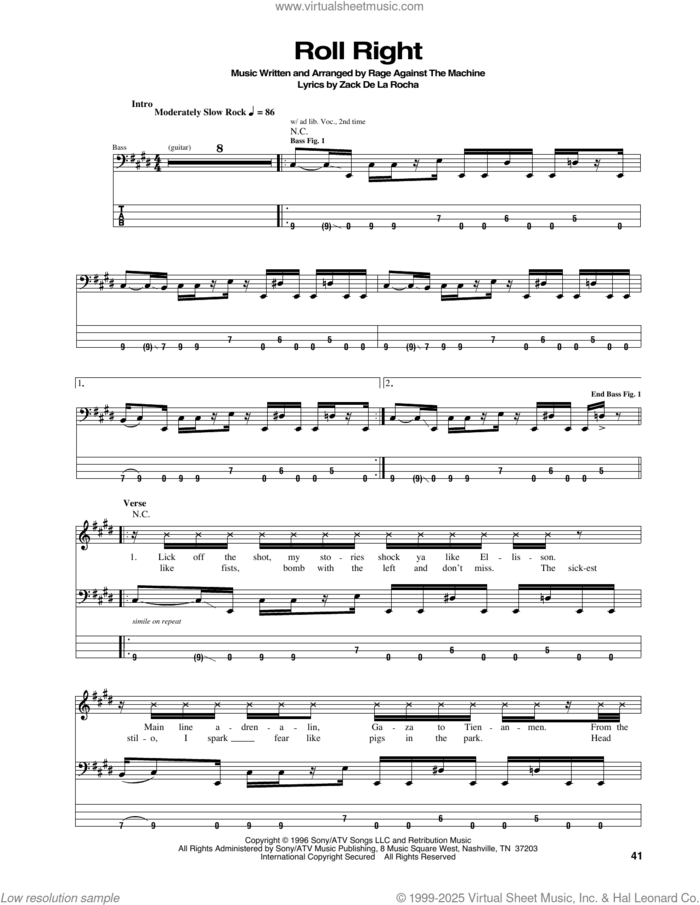 Roll Right sheet music for bass (tablature) (bass guitar) by Rage Against The Machine, intermediate skill level