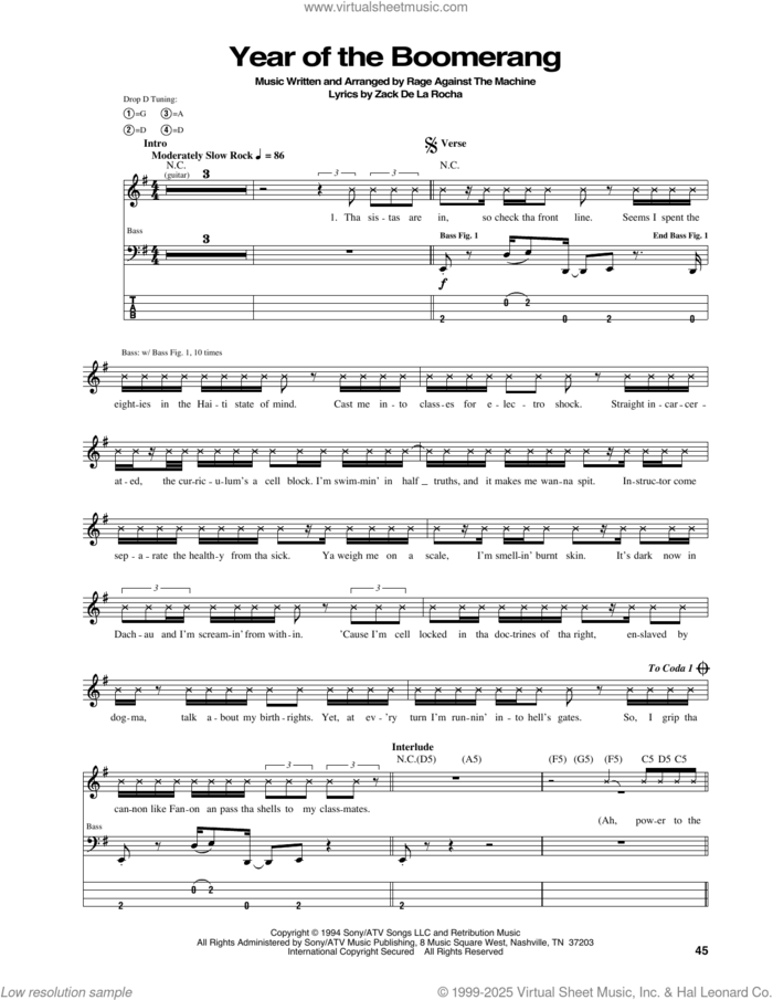 Year Of The Boomerang sheet music for bass (tablature) (bass guitar) by Rage Against The Machine, intermediate skill level