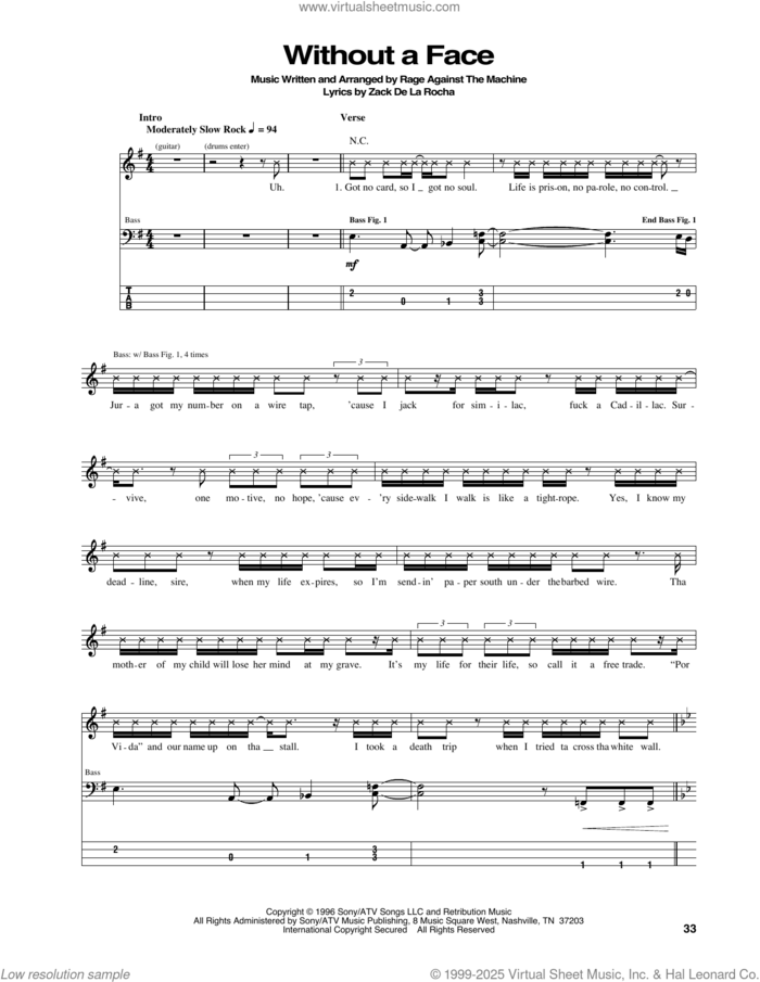 Without A Face sheet music for bass (tablature) (bass guitar) by Rage Against The Machine, intermediate skill level