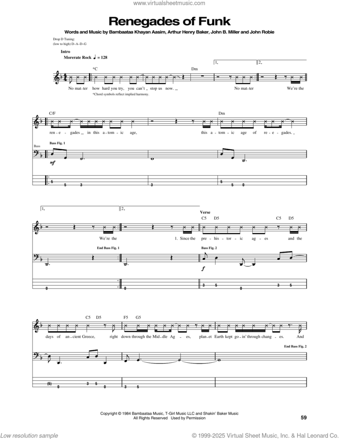 Renegades Of Funk sheet music for bass (tablature) (bass guitar) by Rage Against The Machine, Arthur Henry Baker, Bambaataa Khayan Aasim, John B. Miller and John Robie, intermediate skill level