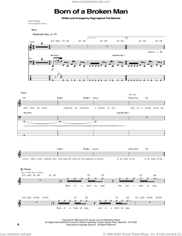 Born Of A Broken Man sheet music for bass (tablature) (bass guitar) by Rage Against The Machine, intermediate skill level