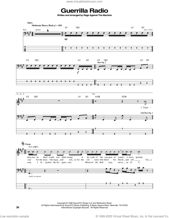 Guerrilla Radio sheet music for bass (tablature) (bass guitar) by Rage Against The Machine, Brad Wilk, Tim Commerford, Tom Morello and Zack De La Rocha, intermediate skill level