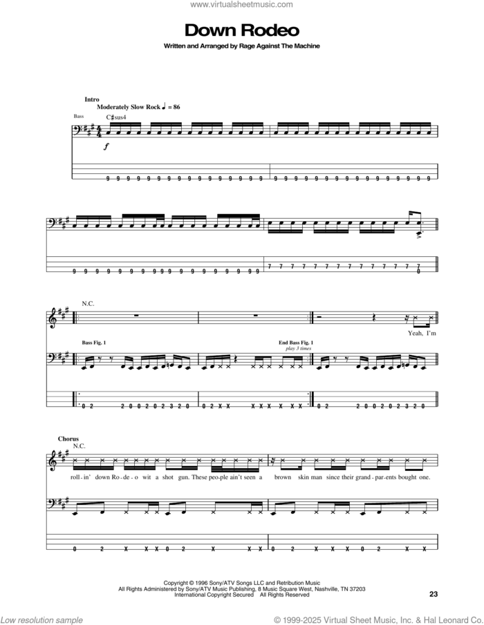 Down Rodeo sheet music for bass (tablature) (bass guitar) by Rage Against The Machine, Brad Wilk, Tim Commerford, Tom Morello and Zack De La Rocha, intermediate skill level