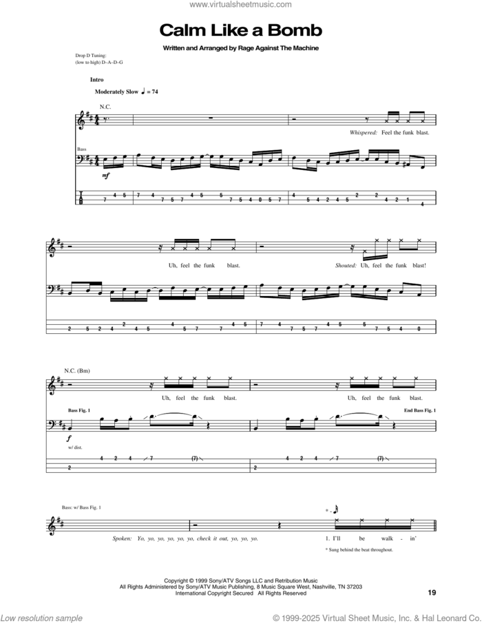 Calm Like A Bomb sheet music for bass (tablature) (bass guitar) by Rage Against The Machine, Brad Wilk, Tim Commerford, Tom Morello and Zack De La Rocha, intermediate skill level