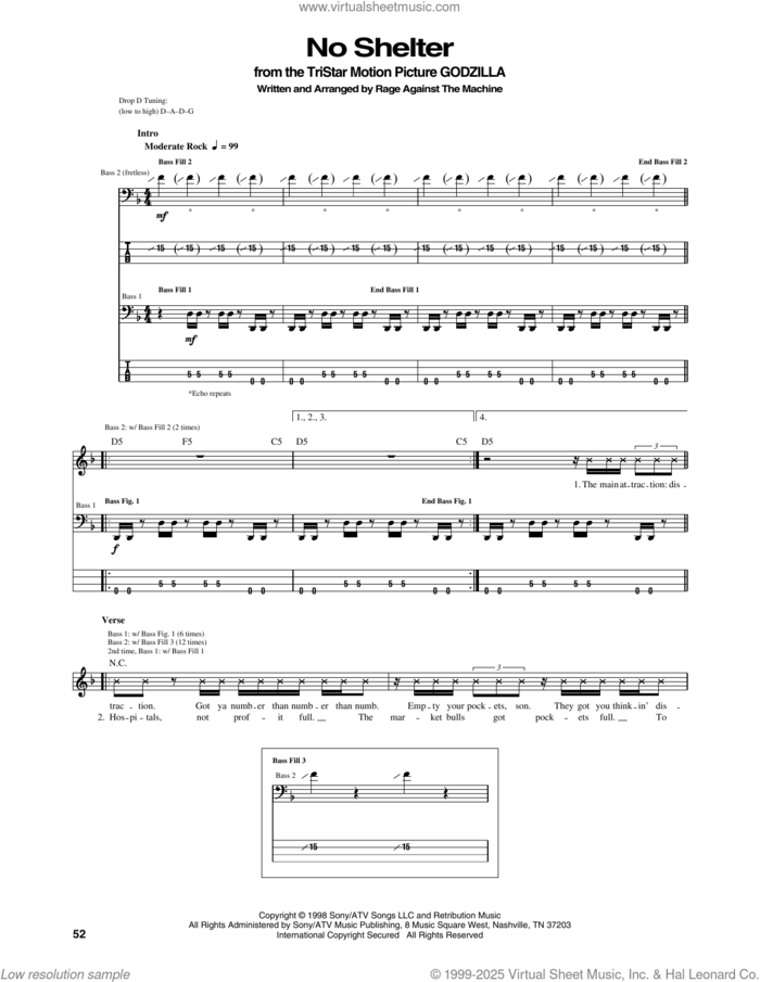 No Shelter sheet music for bass (tablature) (bass guitar) by Rage Against The Machine, intermediate skill level