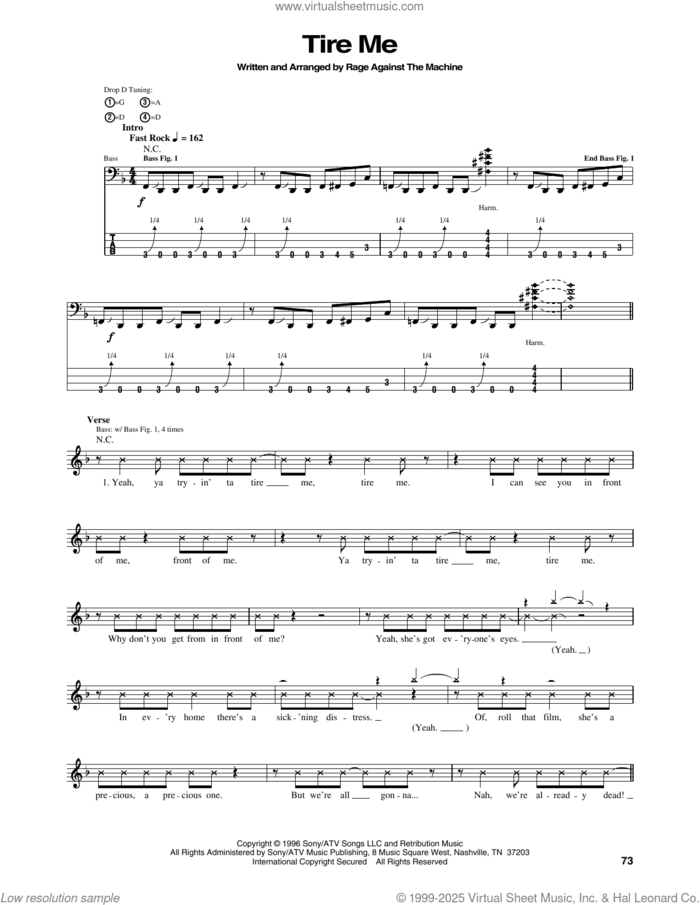 Tire Me sheet music for bass (tablature) (bass guitar) by Rage Against The Machine, intermediate skill level