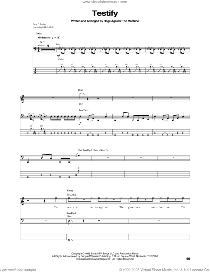 Testify sheet music for bass (tablature) (bass guitar) by Rage Against The Machine, Brad Wilk, Tim Commerford, Tom Morello and Zack De La Rocha, intermediate skill level