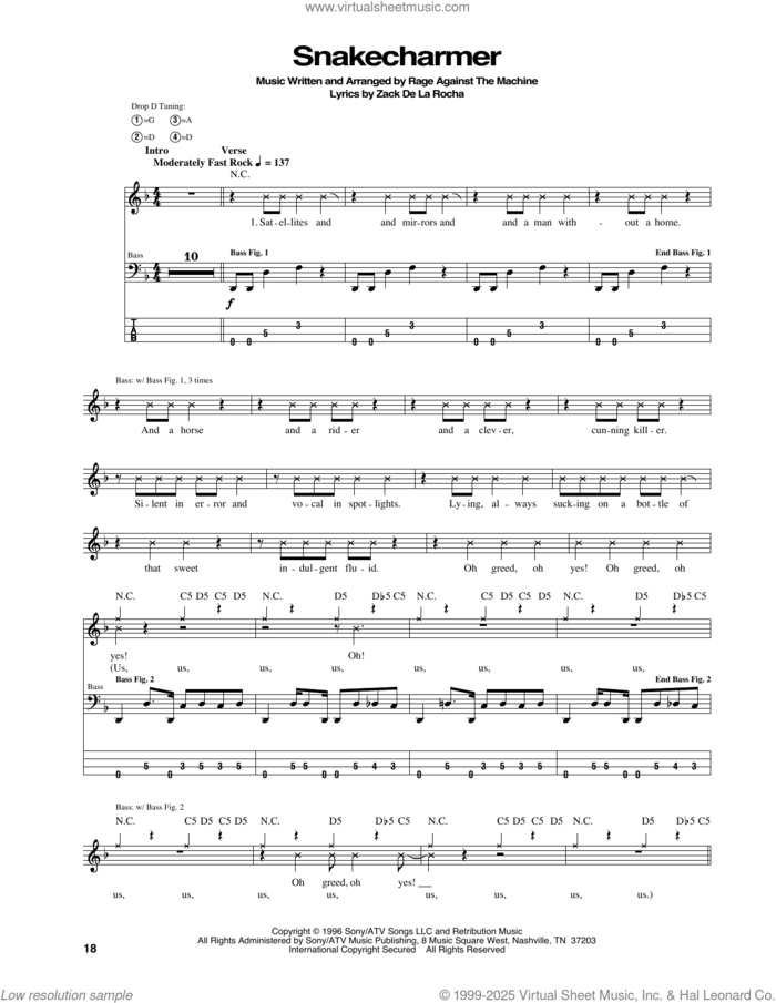 Snakecharmer sheet music for bass (tablature) (bass guitar) by Rage Against The Machine, intermediate skill level