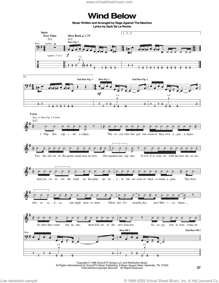 Wind Below sheet music for bass (tablature) (bass guitar) by Rage Against The Machine, intermediate skill level