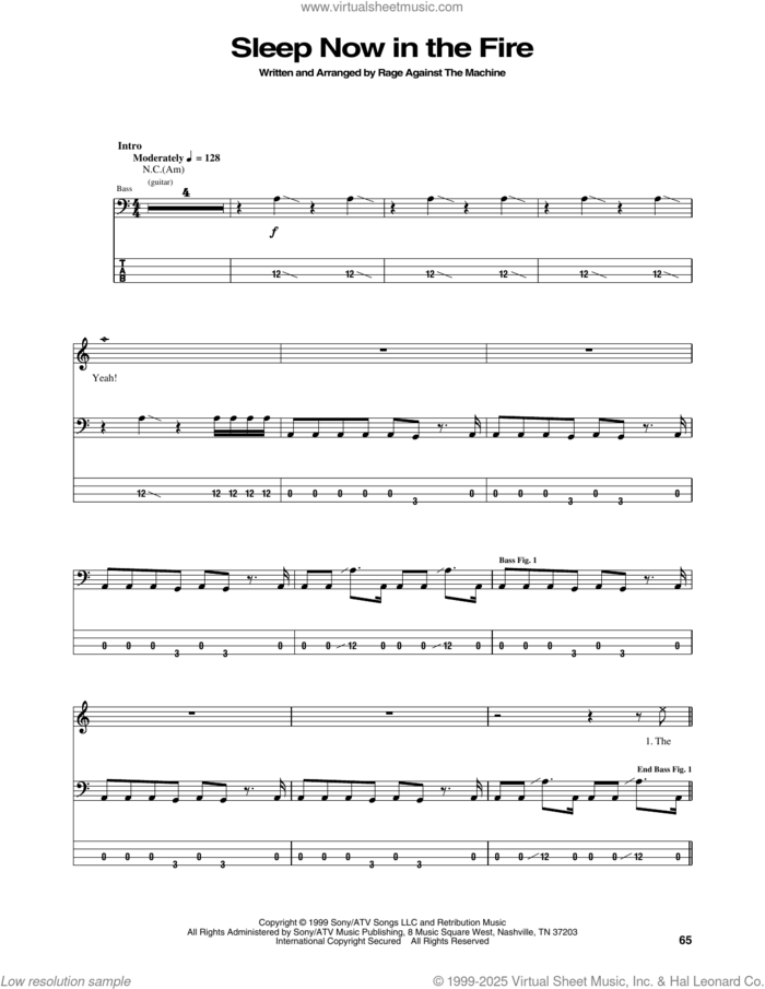 Sleep Now In The Fire sheet music for bass (tablature) (bass guitar) by Rage Against The Machine, Brad Wilk, Tim Commerford, Tom Morello and Zack De La Rocha, intermediate skill level