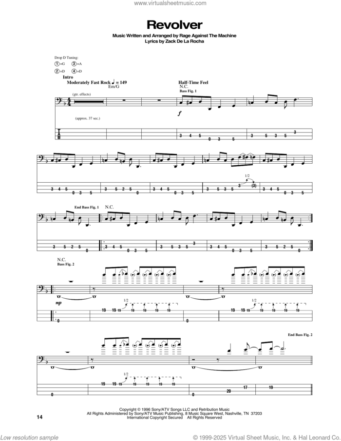 Revolver sheet music for bass (tablature) (bass guitar) by Rage Against The Machine, intermediate skill level