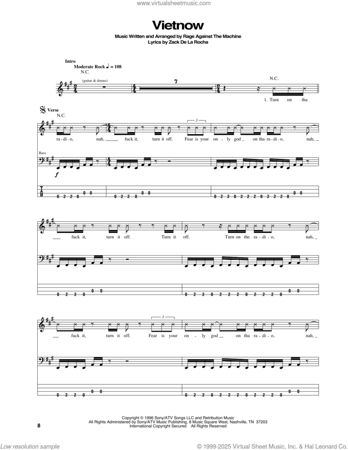 Vietnow sheet music for bass (tablature) (bass guitar) by Rage Against The Machine, intermediate skill level