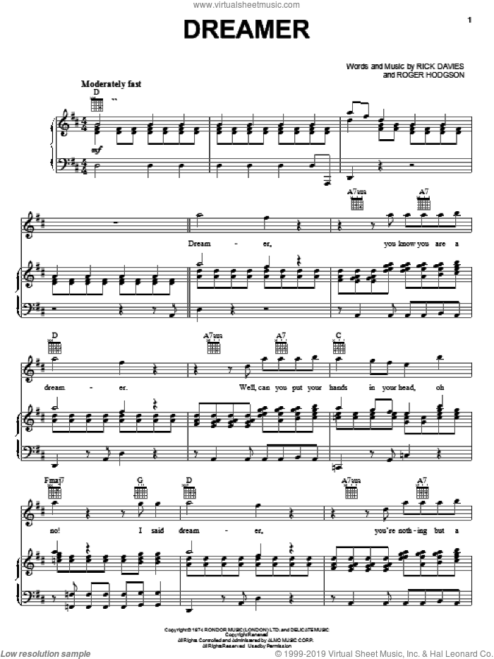 Dreamer sheet music for voice, piano or guitar by Supertramp, Rick Davies and Roger Hodgson, intermediate skill level