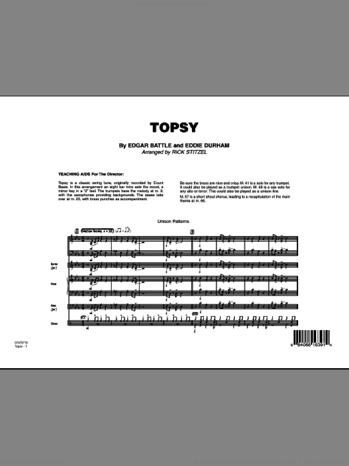Topsy (COMPLETE) sheet music for jazz band by Rick Stitzel, Eddie Durham and Edgar Battle, intermediate skill level