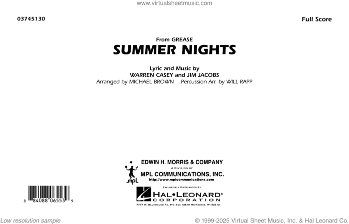 Summer Nights (from Grease) (arr. Michael Brown) (COMPLETE) sheet music for marching band by Warren Casey & Jim Jacobs, Jim Jacobs, Michael Brown, Warren Casey and Will Rapp, intermediate skill level