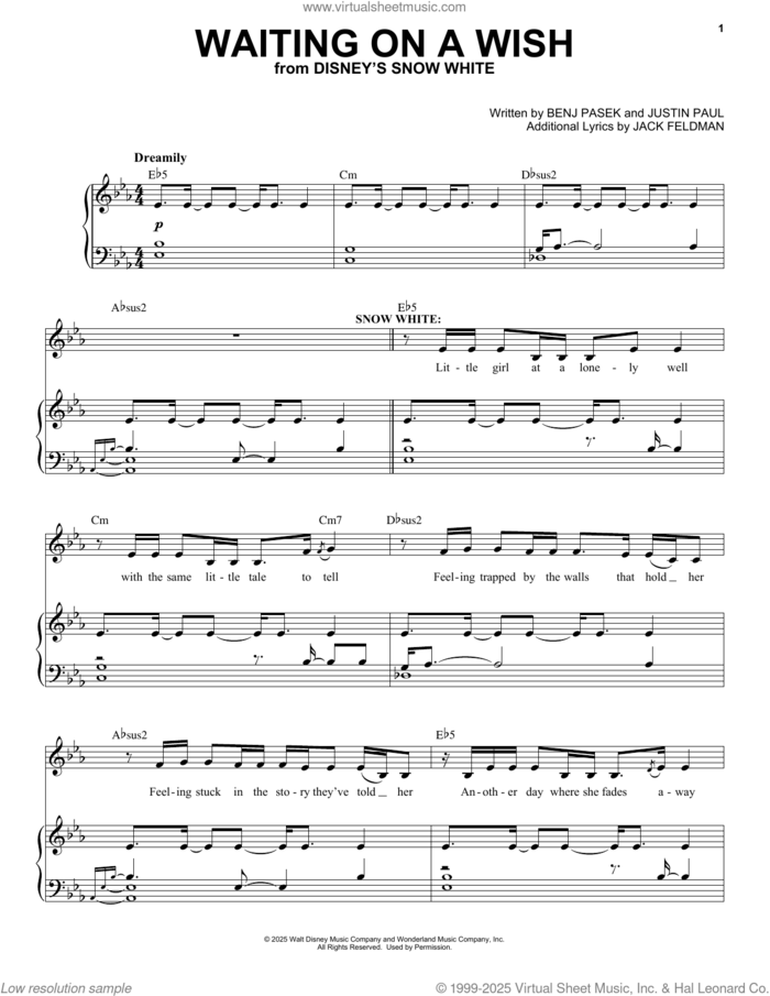 Waiting On A Wish (from Snow White) sheet music for voice and piano by Rachel Zegler, Benj Pasek, Jack Feldman and Justin Paul, intermediate skill level