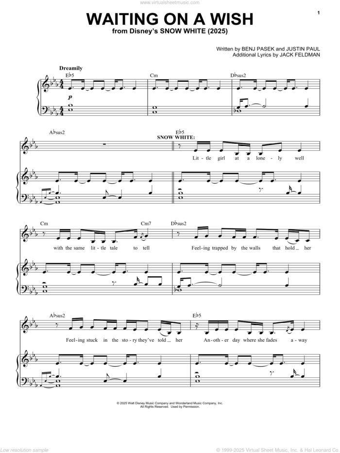 Waiting On A Wish (from Snow White) (2025) sheet music for voice and piano by Rachel Zegler, Benj Pasek, Jack Feldman and Justin Paul, intermediate skill level