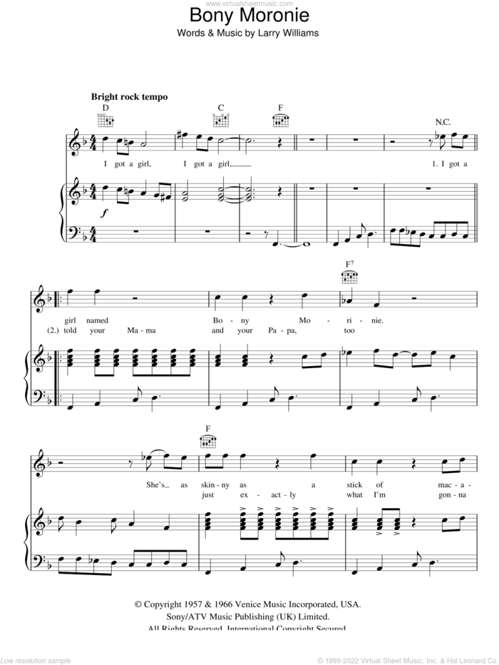 Bony Moronie sheet music for voice, piano or guitar by Larry Williams, intermediate skill level