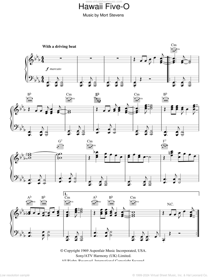 Hawaii Five-O sheet music for piano solo by The Ventures and Mort Stevens, intermediate skill level