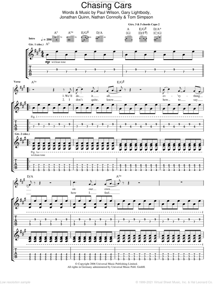 Chasing Cars sheet music for guitar (tablature) by Snow Patrol, Gary Lightbody, Jonathan Quinn, Nathan Connolly, Paul Wilson and Tom Simpson, intermediate skill level