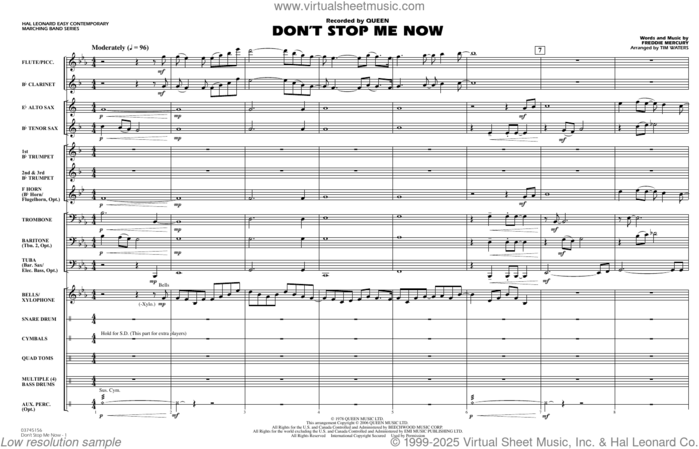 Don't Stop Me Now (arr. Tim Waters) (COMPLETE) sheet music for marching band by Queen, Freddie Mercury and Tim Waters, intermediate skill level