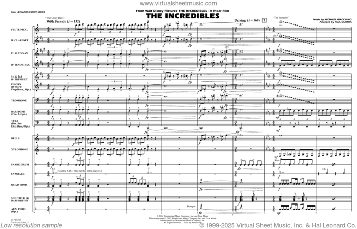 The Incredibles (arr. Paul Murtha) (COMPLETE) sheet music for marching band by Michael Giacchino and Paul Murtha, intermediate skill level