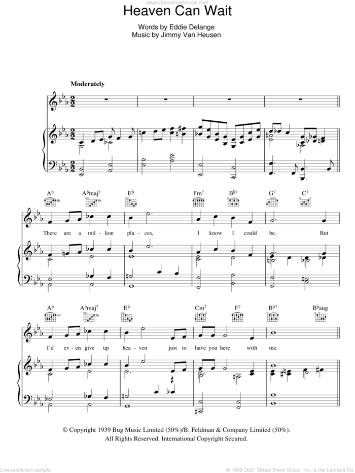 Heaven Can Wait sheet music for voice, piano or guitar by Glen Miller, Eddie DeLange and Jimmy Van Heusen, intermediate skill level