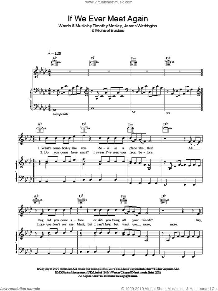 If We Ever Meet Again sheet music for voice, piano or guitar by Timbaland featuring Katy Perry, Katy Perry, Timbaland, James Washington, Michael Busbee and Tim Mosley, intermediate skill level