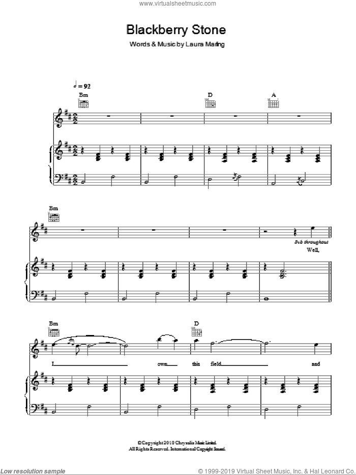 Blackberry Stone sheet music for voice, piano or guitar by Laura Marling, intermediate skill level