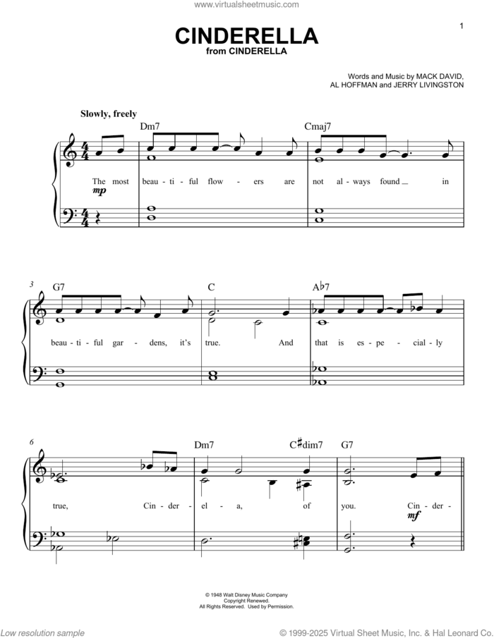 Cinderella sheet music for piano solo by Mack David, Al Hoffman, & Jerry Livingston, Al Hoffman, Jerry Livingston and Mack David, easy skill level